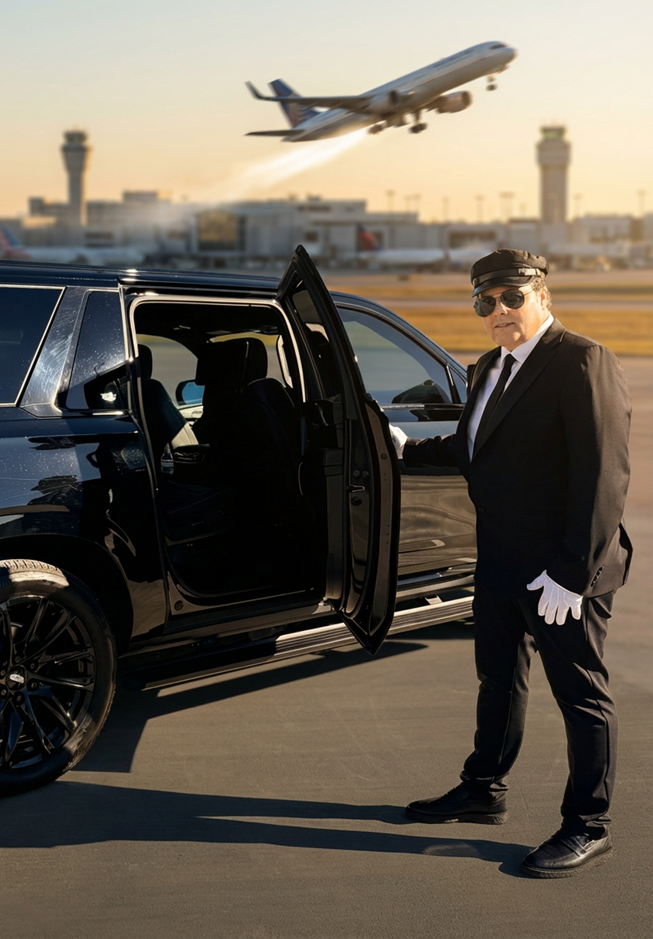 A chauffeur in a black suit, white gloves, and sunglasses standing outside a black luxury car at an airport tarmac with an airplane taking off in the background during sunset.