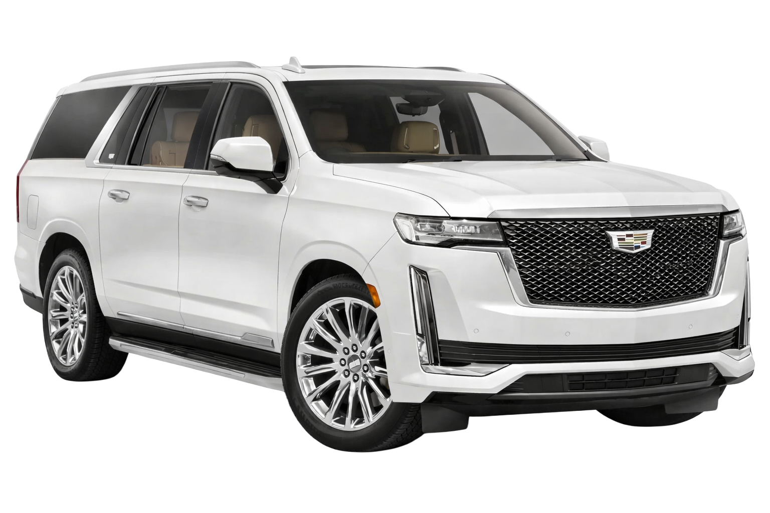 White Cadillac Escalade luxury SUV with chrome accents