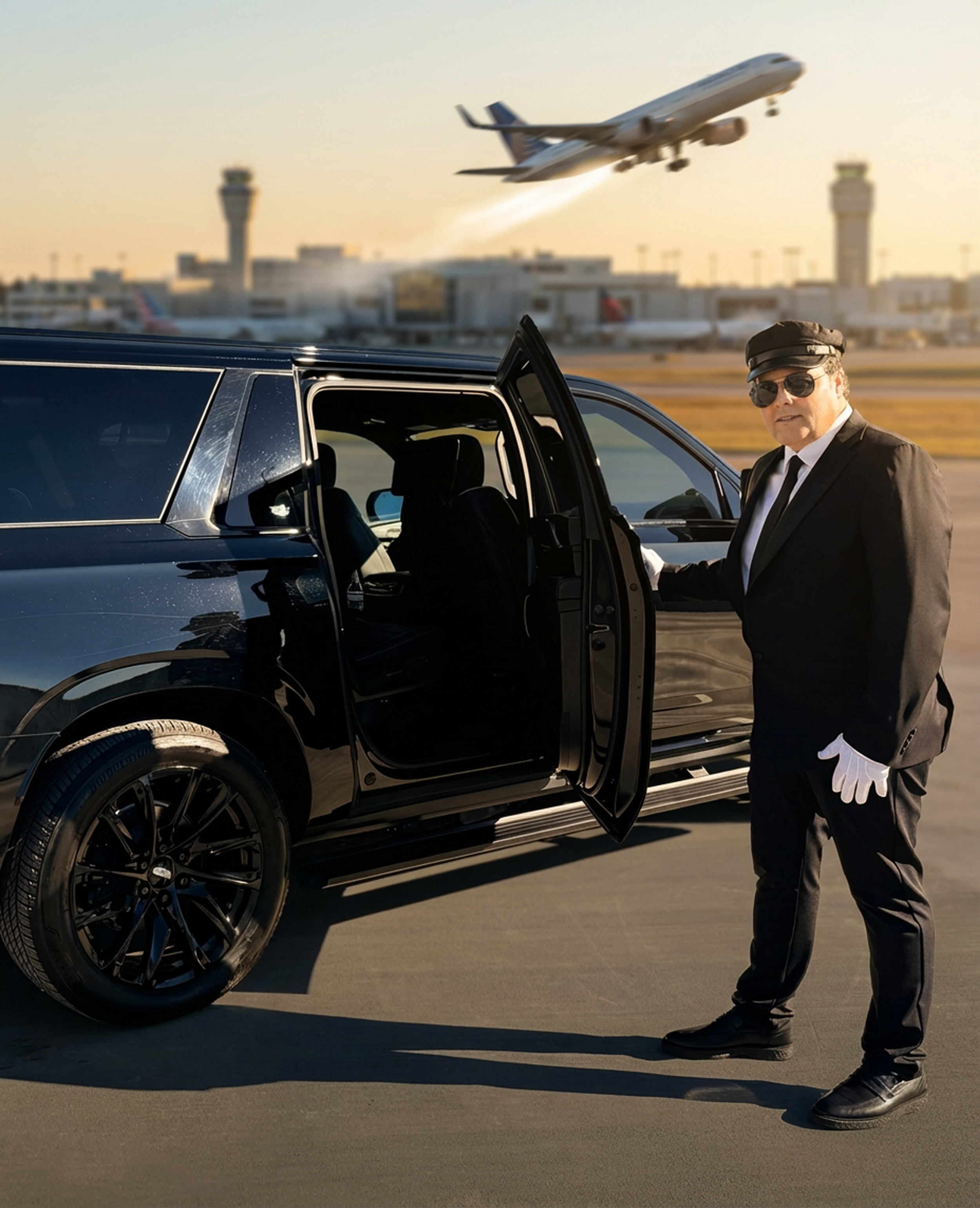Chauffeur opening a luxury SUV door for a client with an airplane taking off in the background