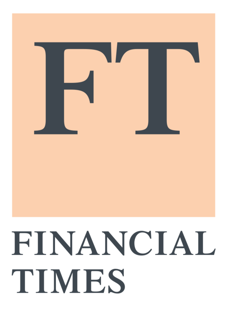 The logo of Financial Times, featuring large initials 'FT' in dark gray on a light peach background, with the words 'Financial Times' below in smaller dark gray font.