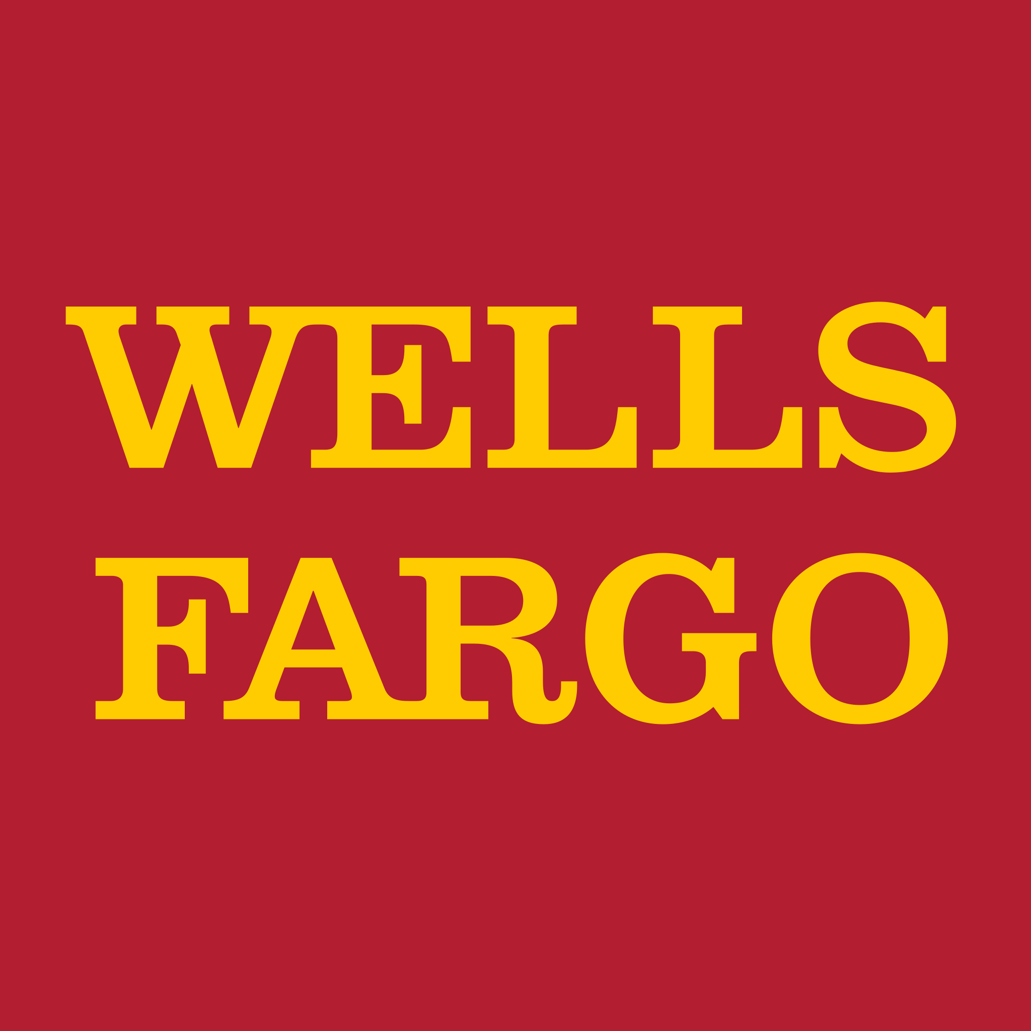 Red background with yellow text reading 'WELLS FARGO' in large letters.