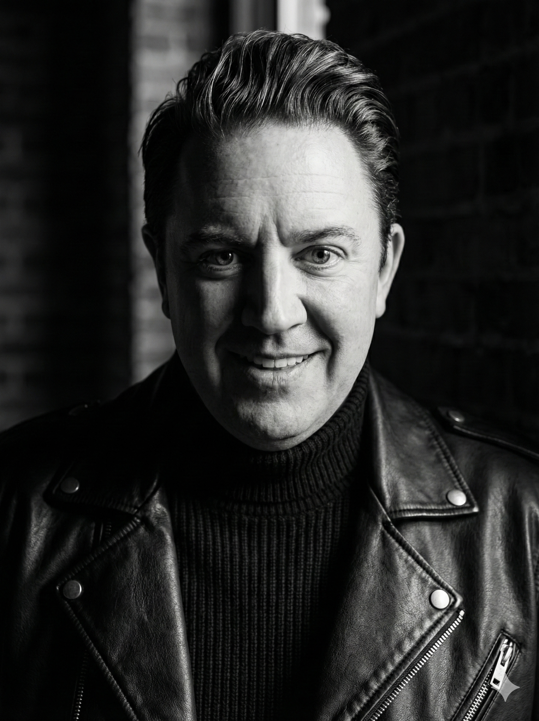 Black and white portrait of a man in a leather jacket and turtleneck, smiling and looking into the camera.