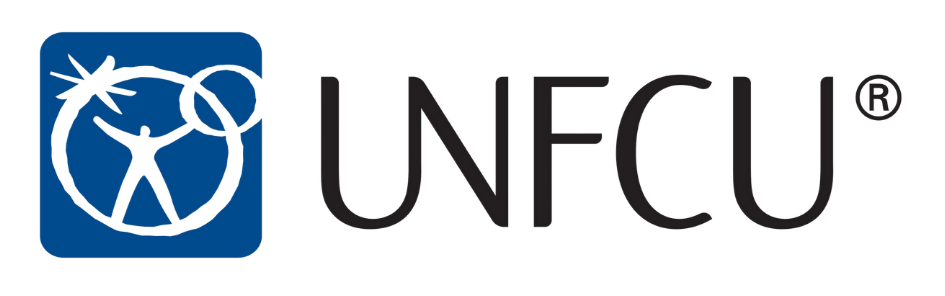 UNFCU logo with a stylized figure of a person and interconnected circles in a blue square.