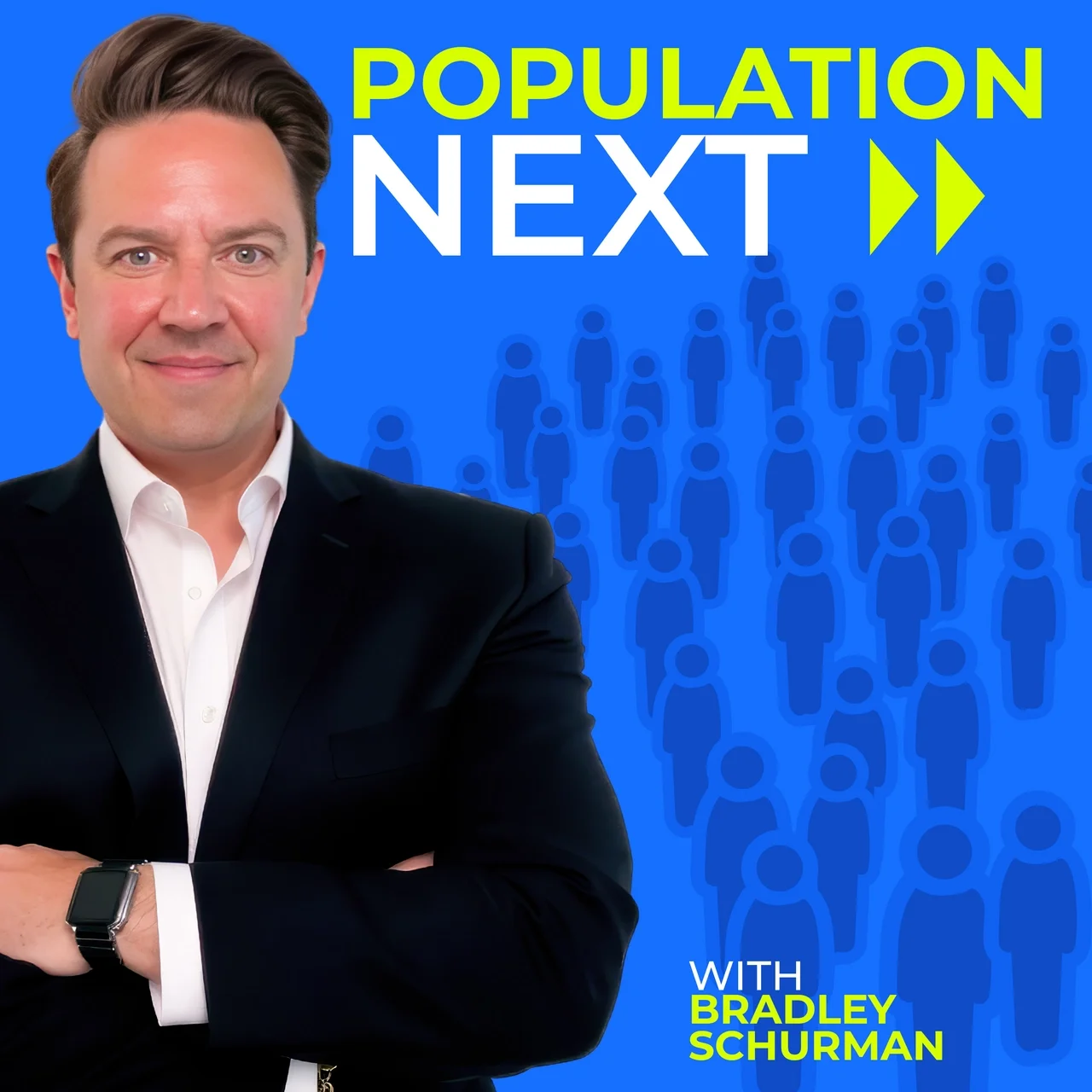 A man in a suit with crossed arms, standing in front of a blue background with animated people silhouettes, and text reading 'Population Next' with yellow and white fonts, and 'with Bradley Schurman'.