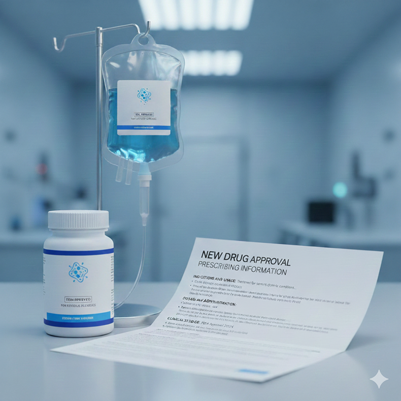 A mockup of a potential first-in-class drug approval from regulatory authorities indicating launch success.