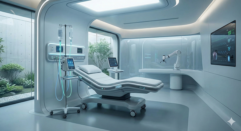 Cutting-edge near future hospital clinical suite with advanced medical equipment, beds, monitors, etc.