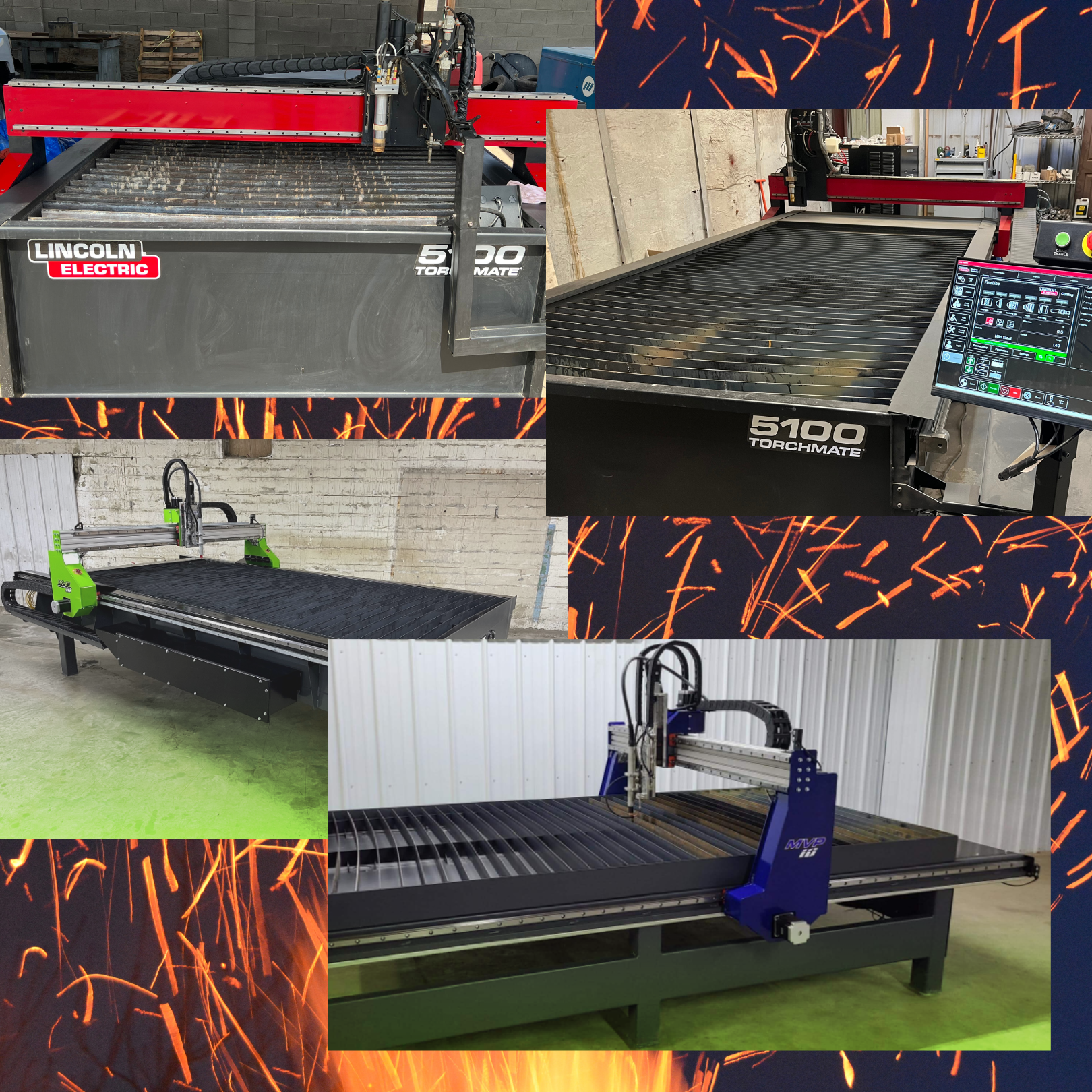 Various industrial laser cutting machines in a workshop setting with digital control panels, some machines in black, green, and blue colors, and sheets of metal prepared for cutting.
