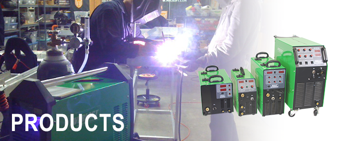 Welding machine products displayed in a workshop with workers welding in the background.