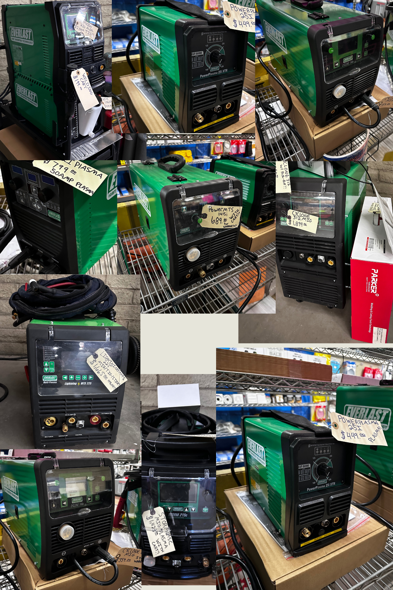 Collection of various Everlast plasma cutters and welding machines displayed on store shelves and tables with price tags and tags showing specifications.