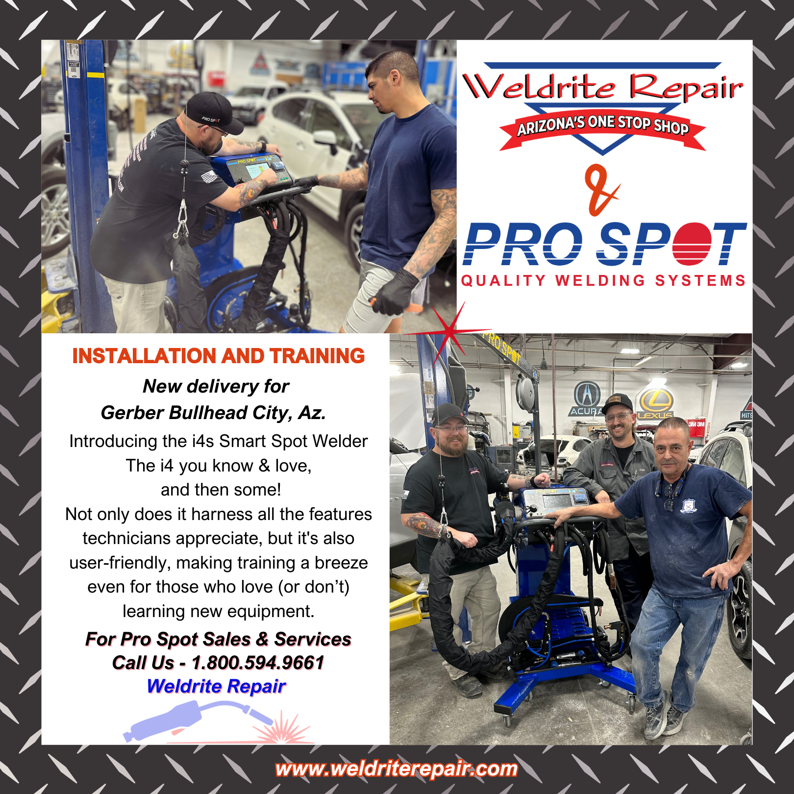 Advertisement for Weldrite Repair and PRO SPOT welding systems featuring photos of technicians working with equipment in an auto repair shop, along with promotion of installation, training, and sales services.