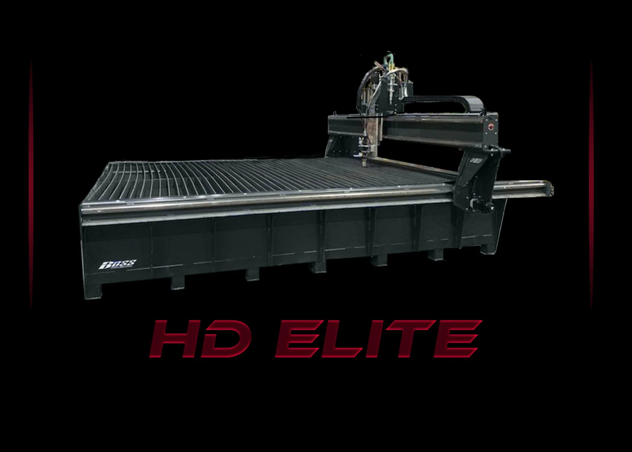 A large industrial cutting machine with a metal grid surface, labeled 'HD ELITE' beneath it, set against a black background.
