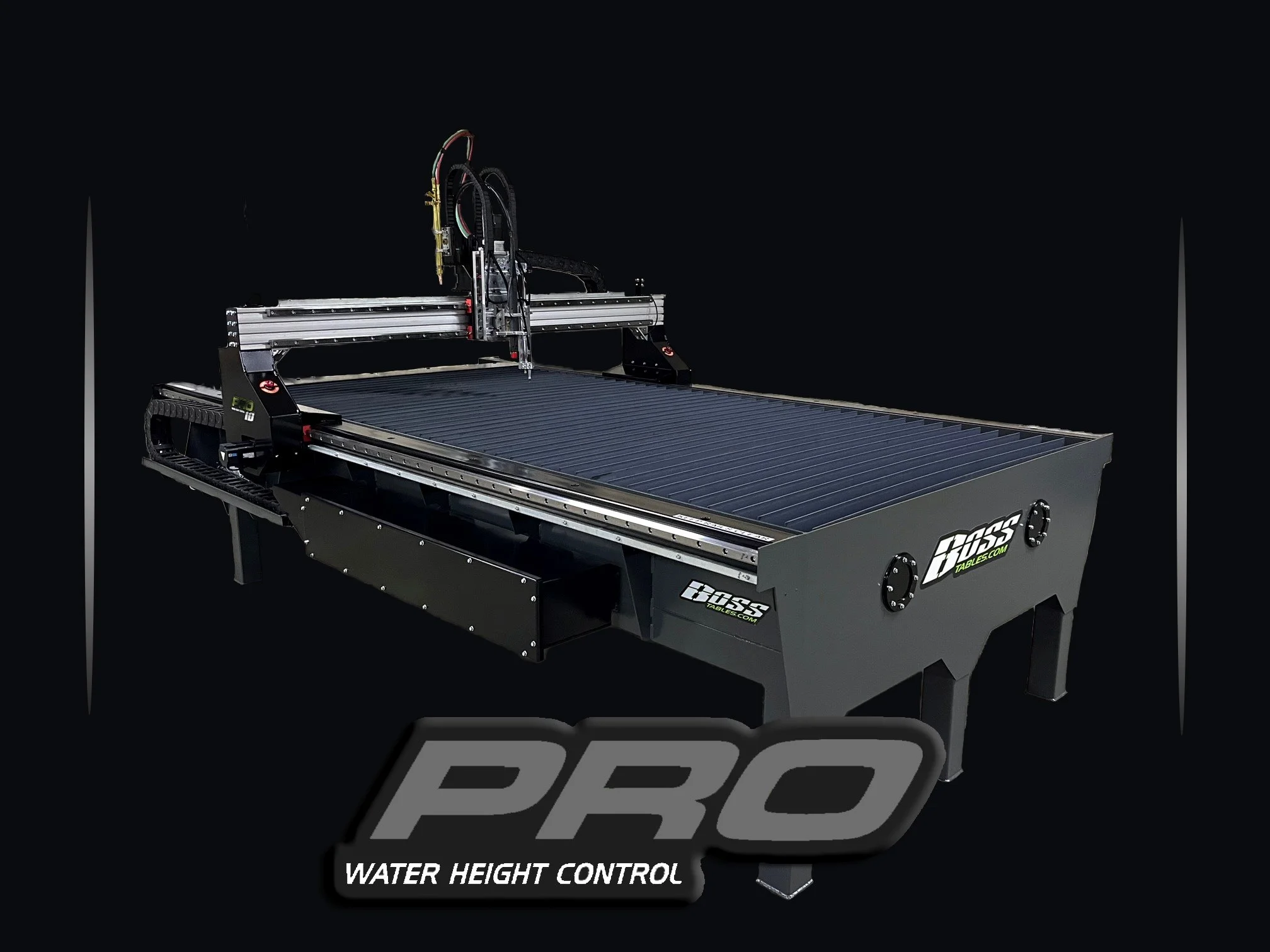 A black automated water jet cutting machine with a large flat table and robotic arm, branded Boss Tables, set against a black background.