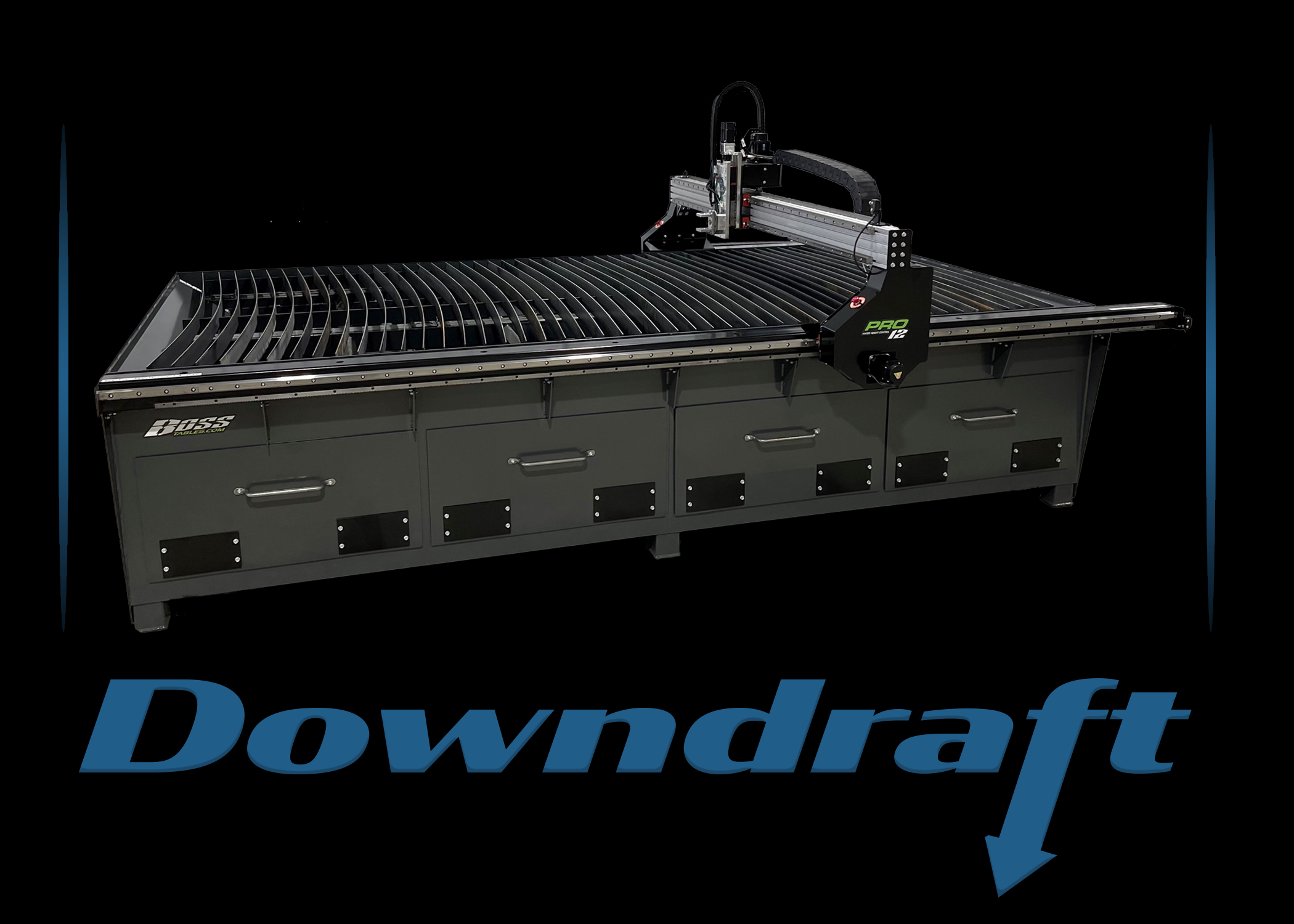 A CNC router machine with a black bed and a black gantry, branded with BASS and PRO, with the word "Downdraft" and an arrow pointing downward below it.