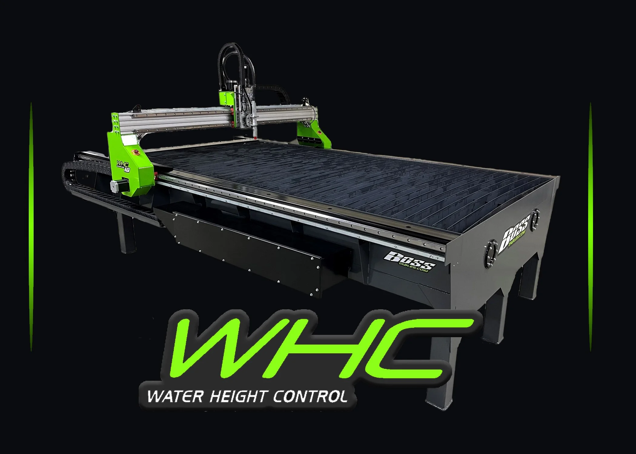 A large black and green CNC water jet cutting machine with the text 'WHC Water Height Control' on a black background.