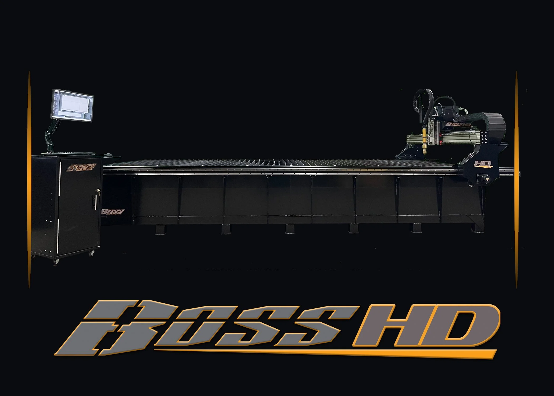 A large, black CNC machine labeled "BOSS HD," with a computer monitor and control panel, set against a black background with the logo at the bottom.