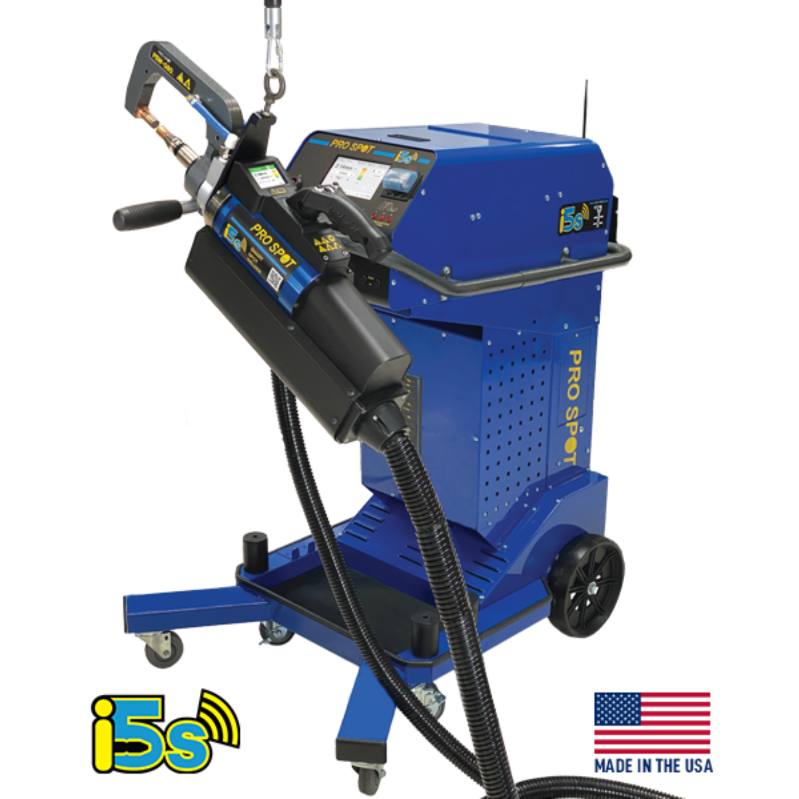 Blue industrial machine labeled 'i5s PRO SPOT' with control panel and wheels, used for welding or metal repair, with American flag sticker indicating it is made in the USA.