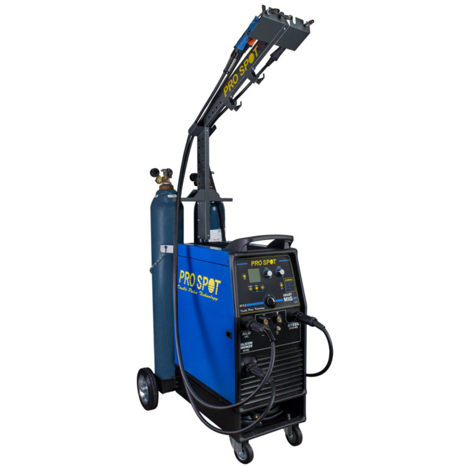 A blue and black portable welding machine with wheels, labeled 'Pro Spot,' equipped with gas cylinders and a robotic arm for spot welding.