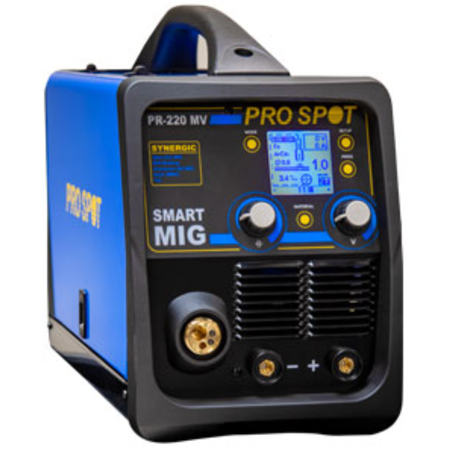 A blue and black portable welding machine with a digital display and control knobs.