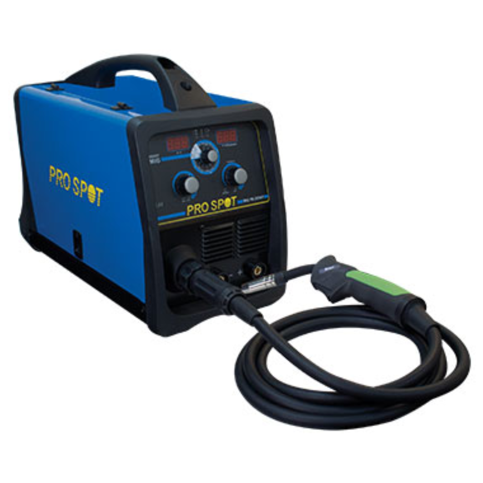 A blue and black welding machine labeled Pro Spot with a connected welding gun and flexible power cable.