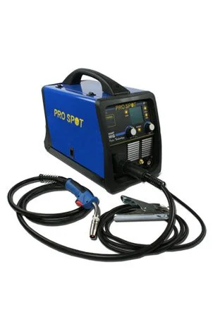 Blue welding machine with black handle and cables, labeled 'Pro Spot'.