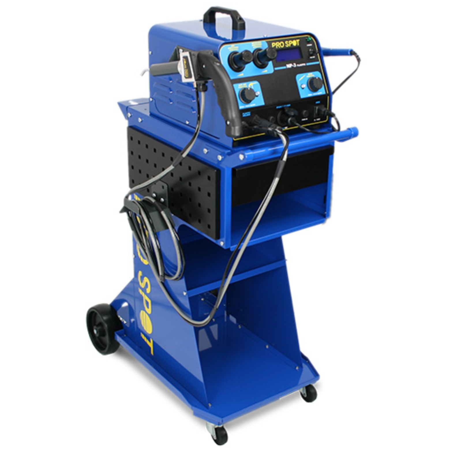 A blue welding machine with digital controls on a wheeled cart.