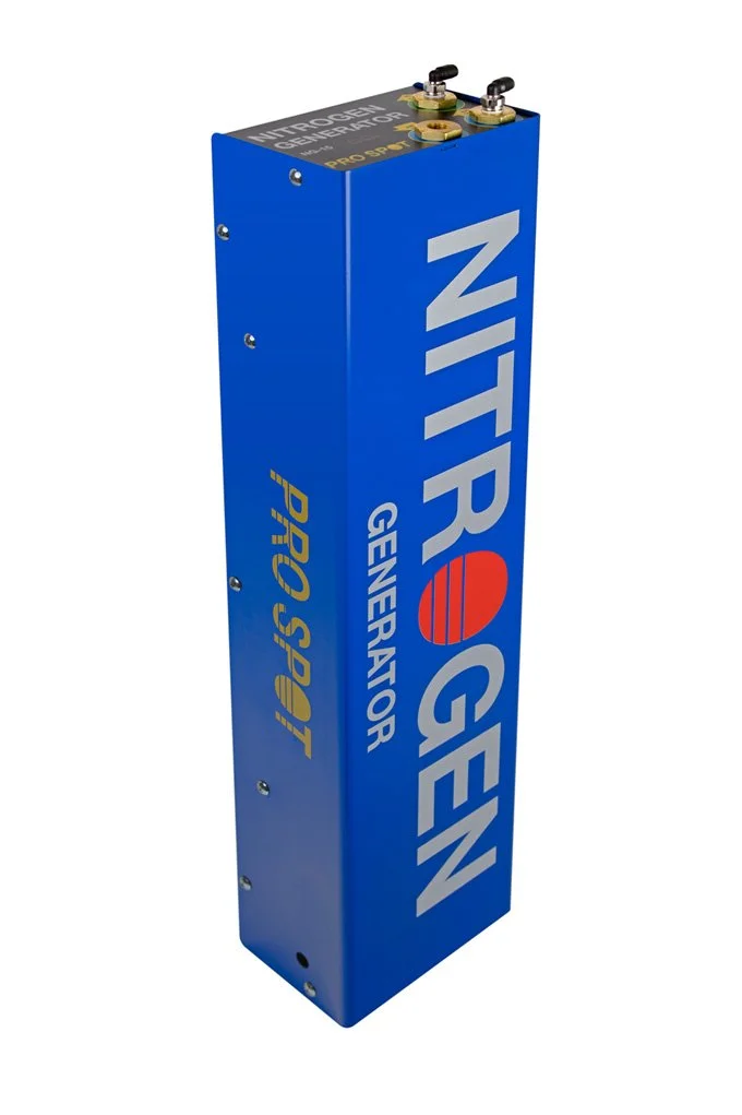 Blue hydrogen fuel cell container labeled 'Nitrogen Generator Genefator Pro Sport' with electrical connections on top.