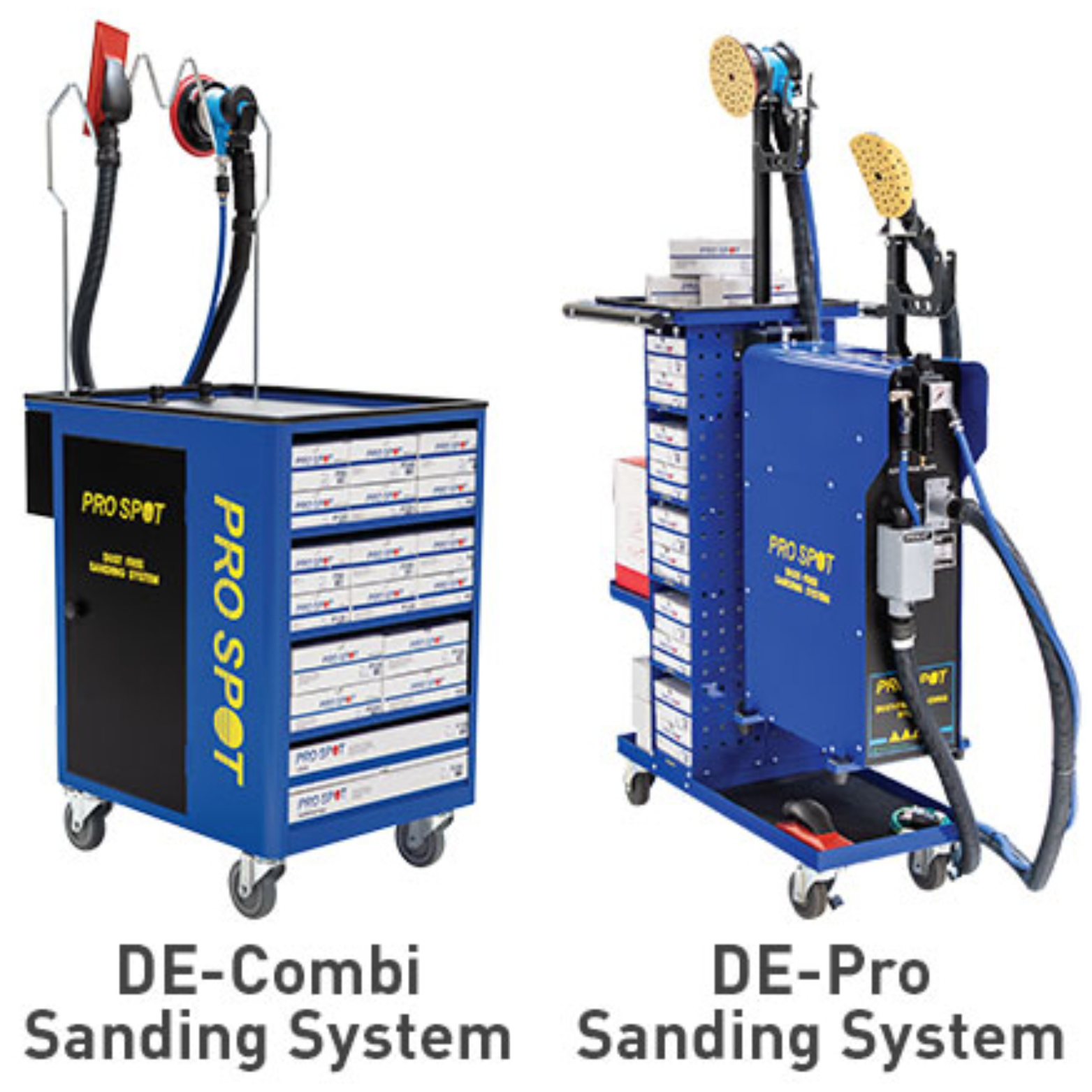 Two blue mobile sanding systems labeled DE-Combi and DE-Pro with various tools and accessories for automotive paint preparation.