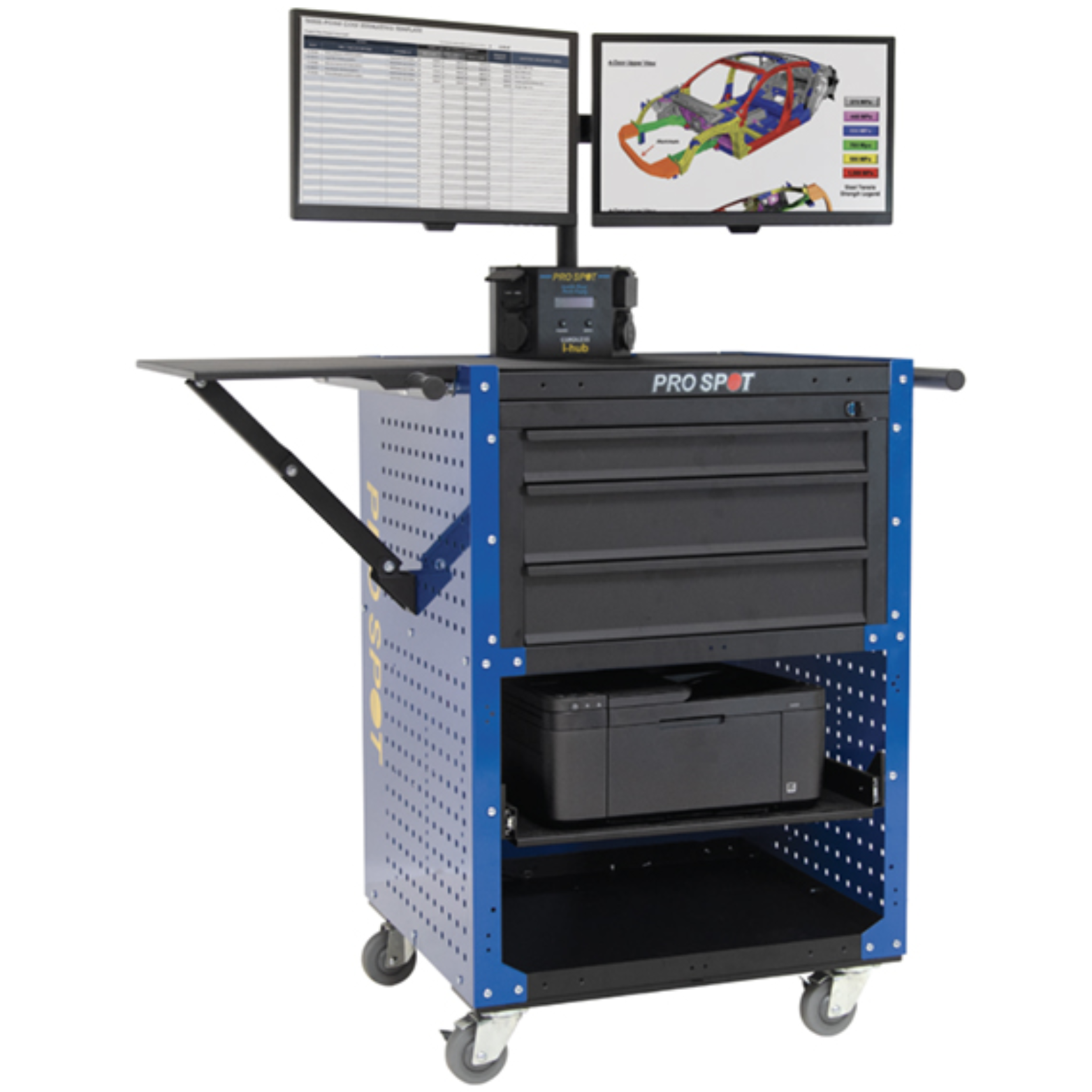 A mobile workstation with two computer monitors displaying data and a 3D color-coded car model, on top of a blue and black tool cart with drawers, a printer, and a control device.