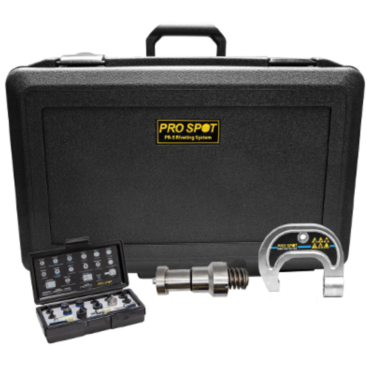 A black case labeled 'Pro Spot' containing a welding system toolset, including a metal clamp, a wrench, and various small components.