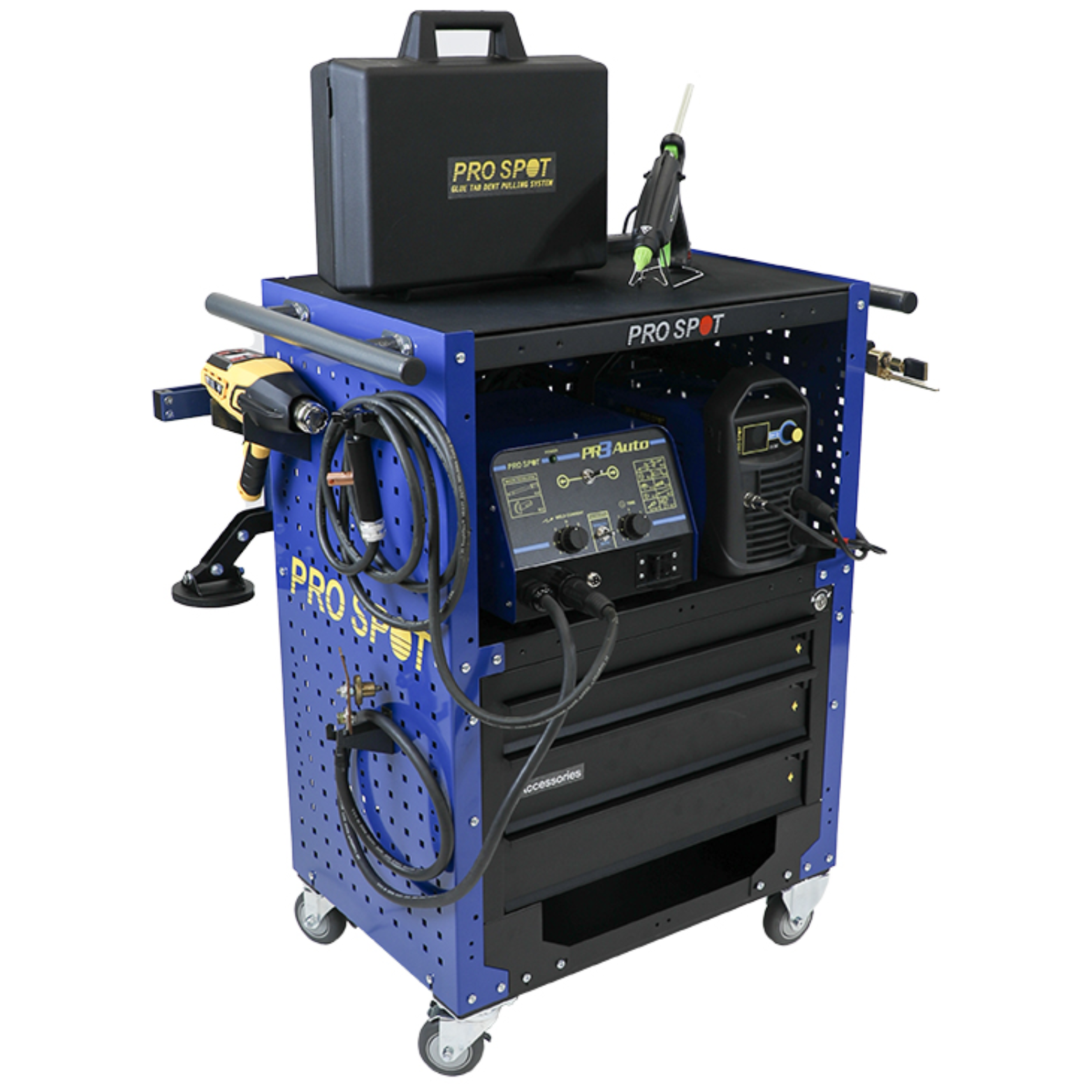 A blue and black mobile automotive welding and repair cart with various tools and equipment, including a welding machine, drill, and torch, branded PRO SPOT.