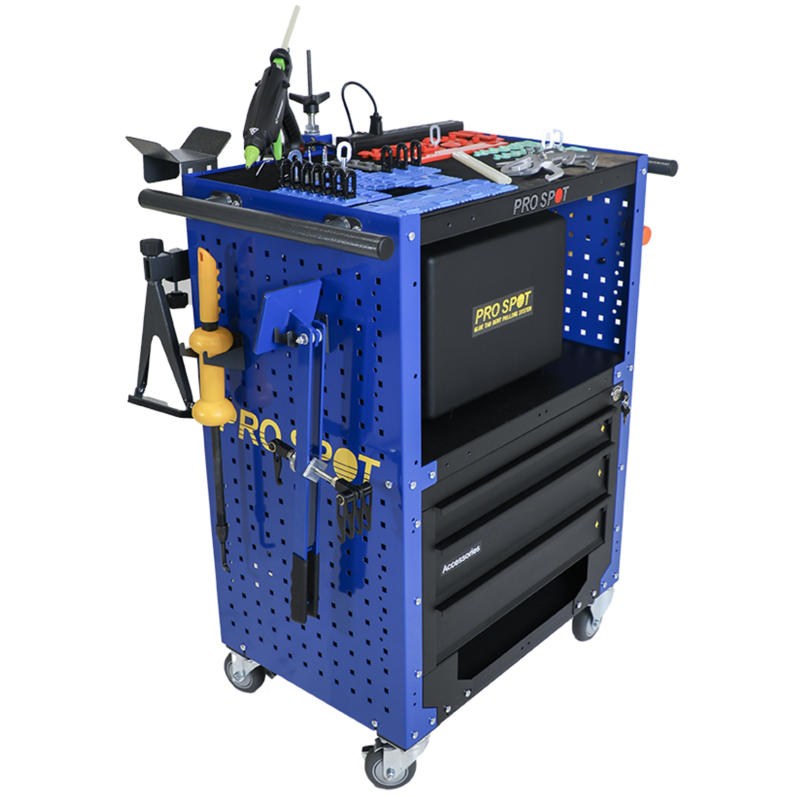 A blue rolling tool cart with various car repair tools, parts, and accessories arranged on top and hanging on the sides.