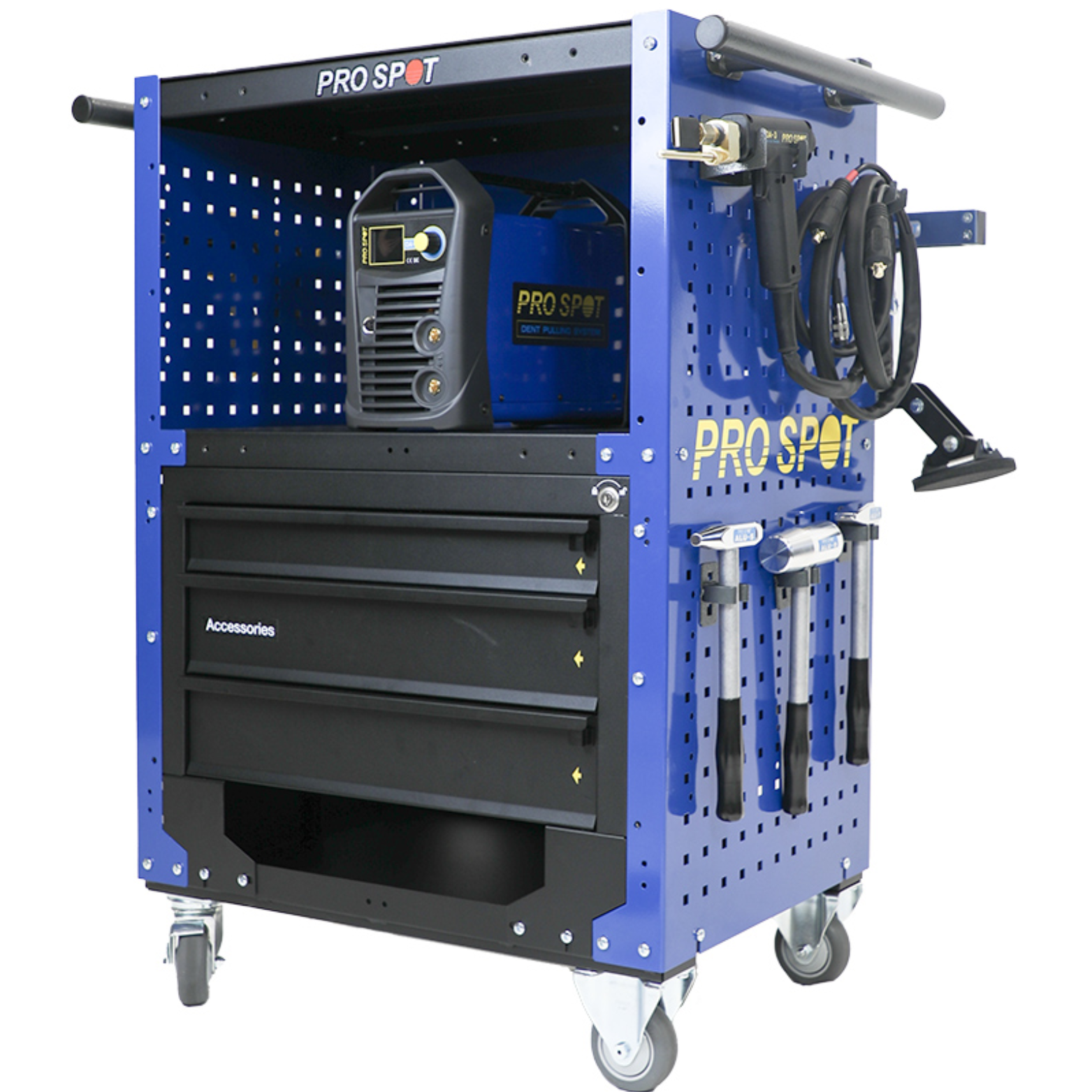 Blue rolling tool cart with drawer labeled accessories, containing welding and grinding equipment, including a welding machine, four hand tools hanging, and a hose on the side. A small work surface and wheels are visible.