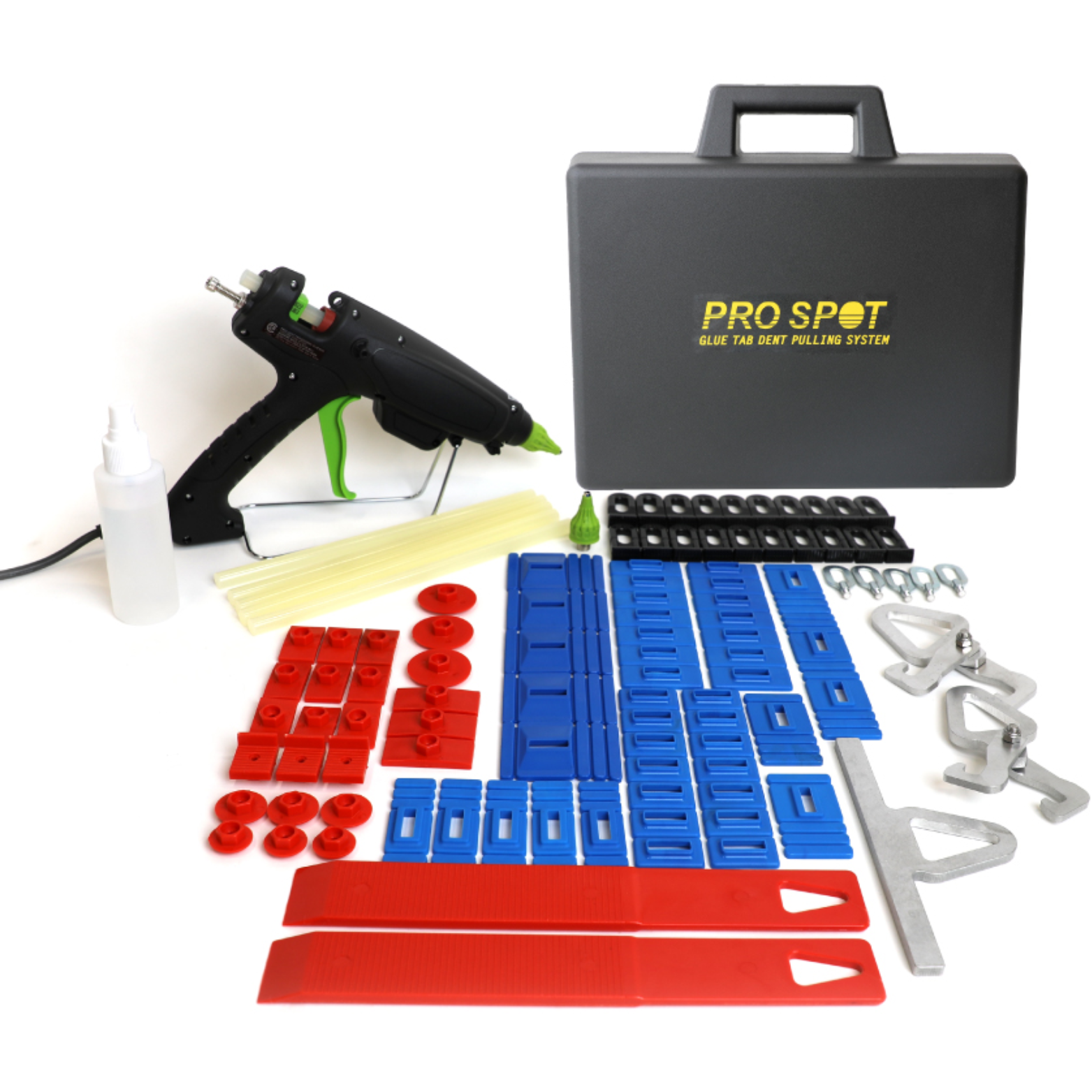 A glue tab dent pulling system with various tools and components, including a glue gun, blue and red plastic tabs, metal pulling tools, a bottle of glue, and a gray carrying case labeled 'PRO SPOT'.