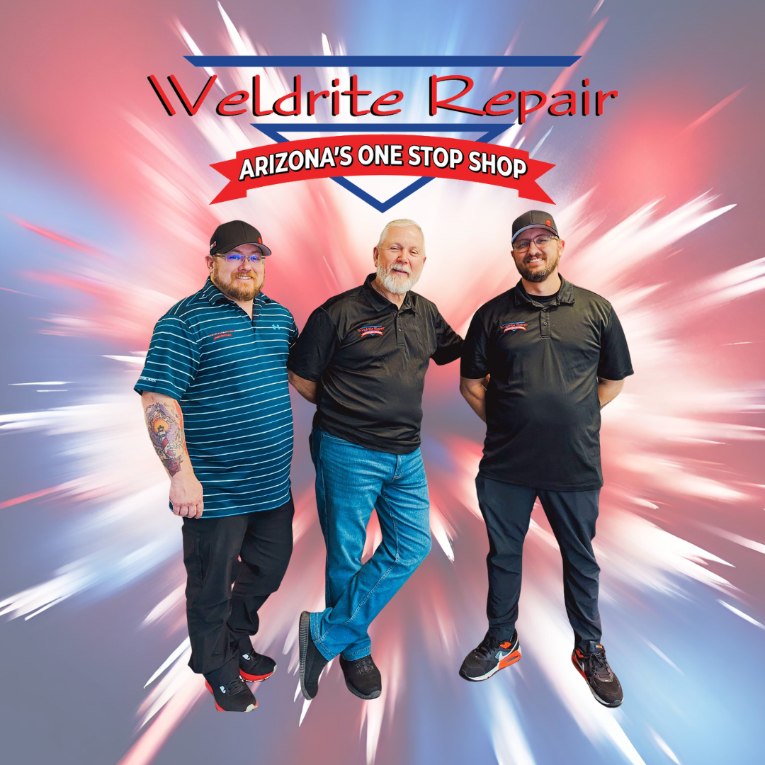 Three men standing in front of a vibrant red, white, and blue graphic background, with text reading 'Veldrite Repair' and 'Arizona's One Stop Shop'.