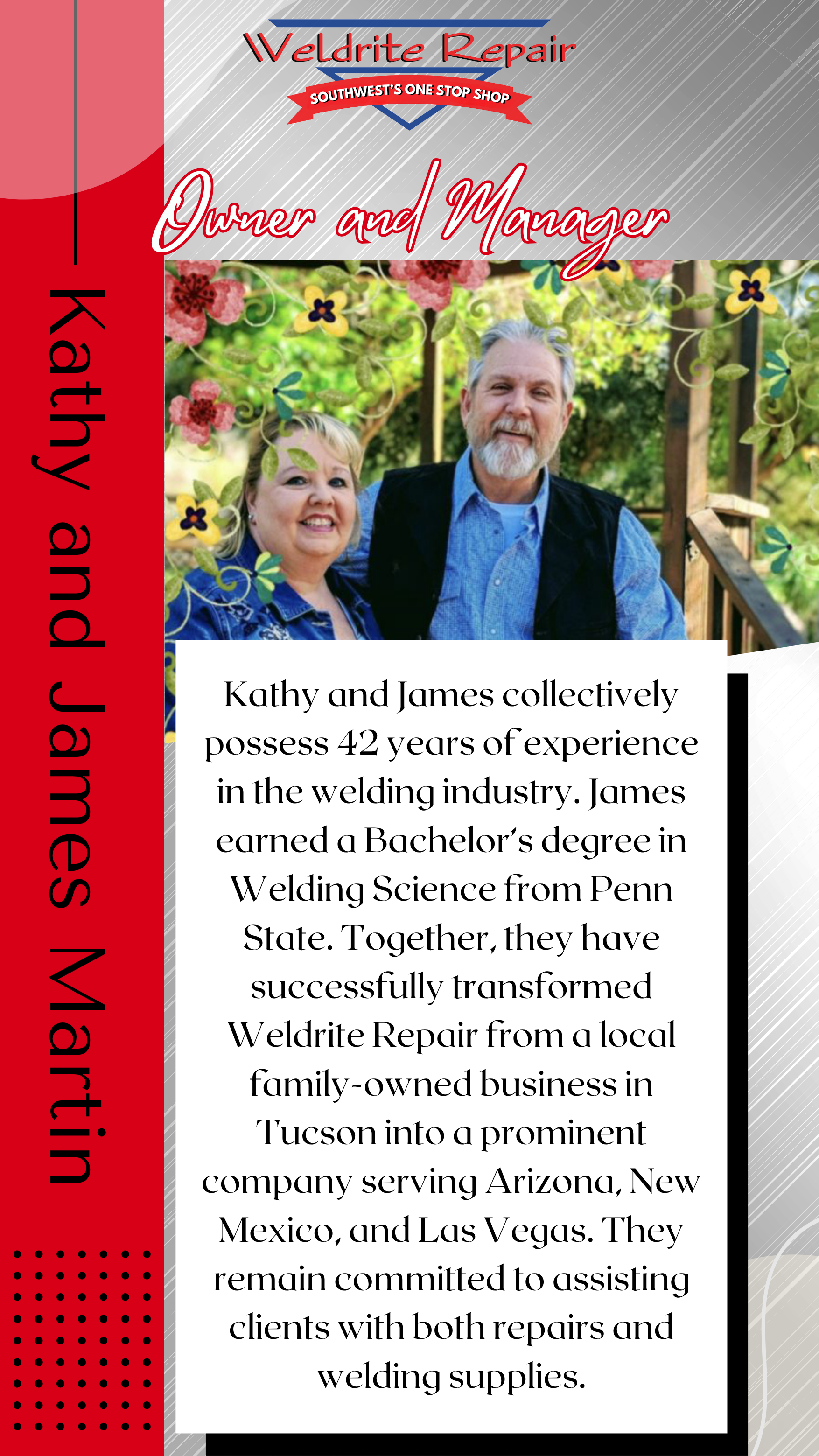 Business card or promotional image for Weldrite Repair, featuring a photo of Kathy and James, a welding repair business owner and manager based in Tucson, Arizona, with a description of their experience and services, including welding repairs and supplies.