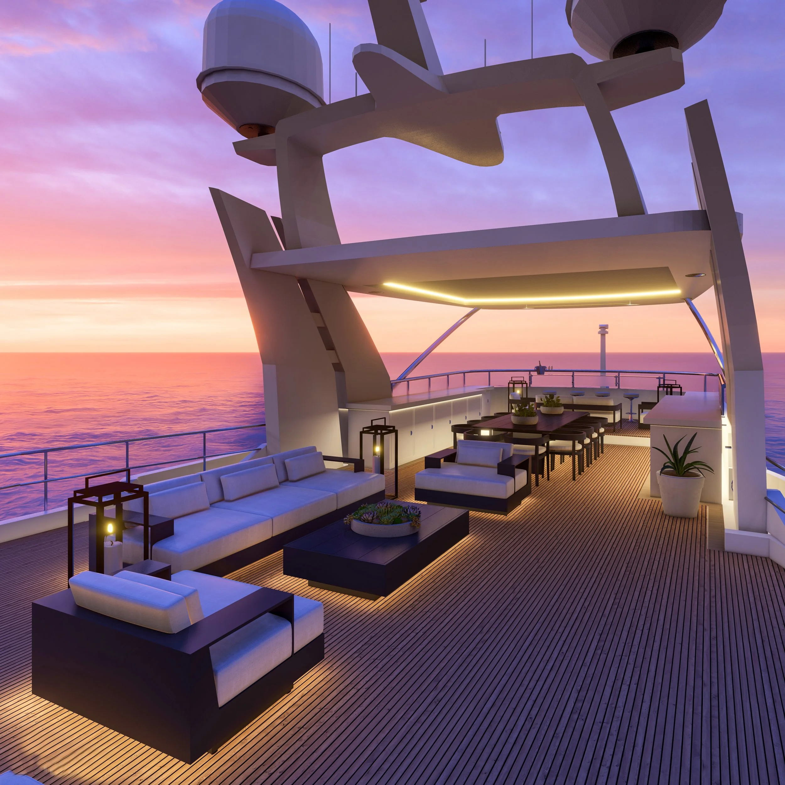 The deck of a cruise ship at sunset with white and black outdoor lounge furniture, potted plants, and a view over the ocean.