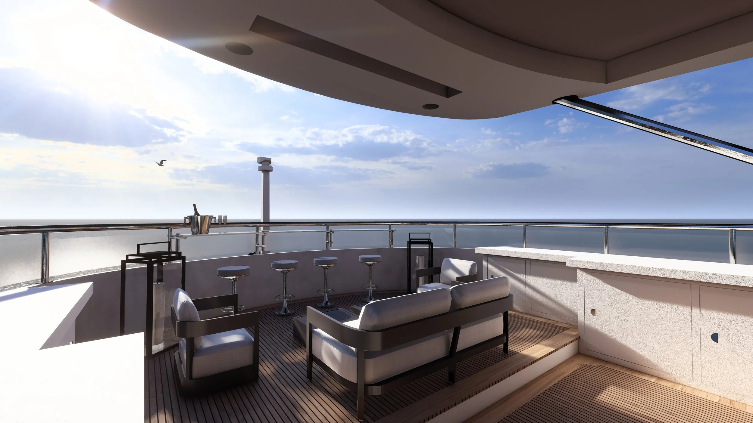 Modern yacht balcony with seating and bar area, overlooking the ocean with clouds and seagull in the sky.