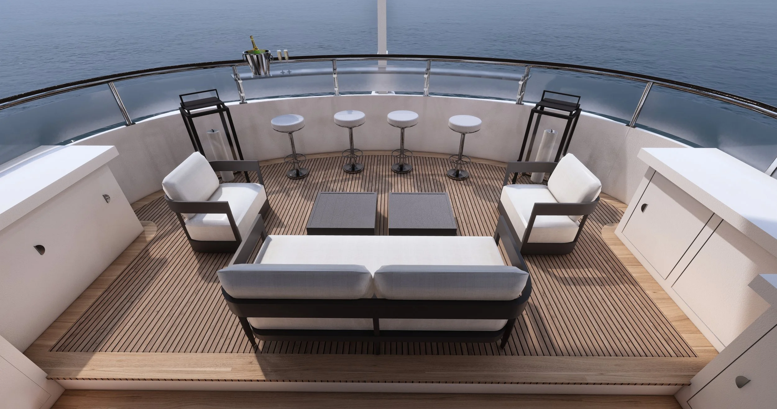 Luxury yacht deck with white cushioned chairs, small tables, bar stools, and a champagne bucket, overlooking calm ocean water.