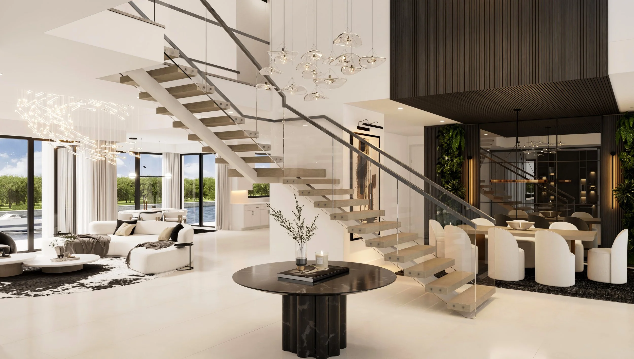 Modern living room with a floating staircase, large windows overlooking greenery, white sofas, black and white rug, and a dining area with white chairs.