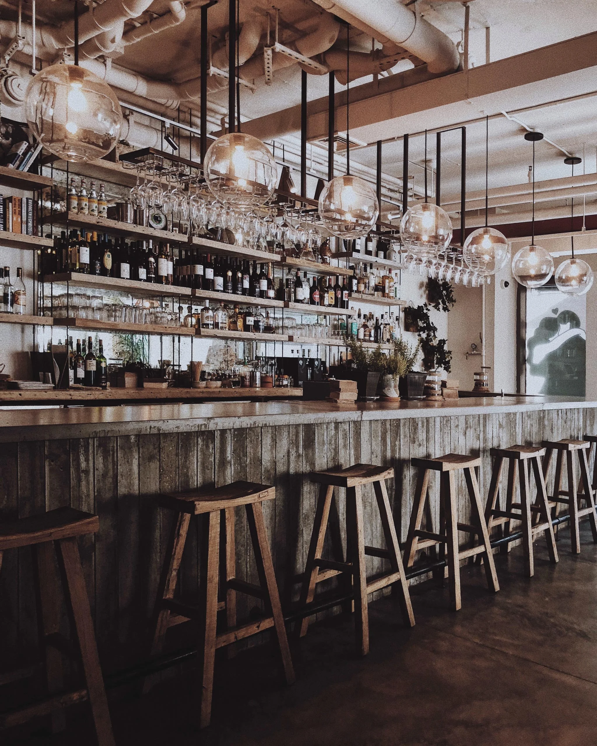 Interior view of a cozy, dimly lit bar with a rustic wooden counter and stools, shelves stocked with various bottles and glasses, warm pendant lighting, and potted plants for decoration.