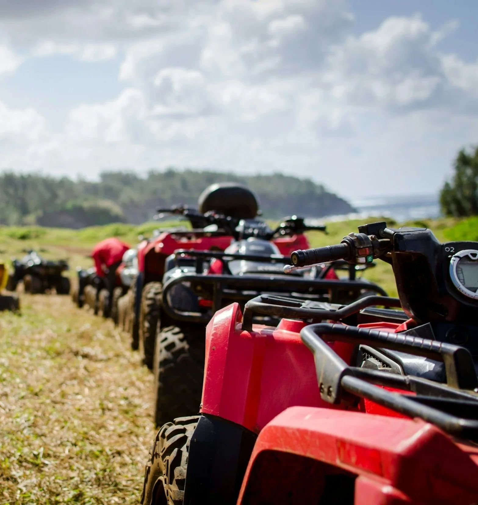 A line of red and black all-terrain vehicles parked on grass with a scenic landscape in the background, including trees and a cloudy sky.