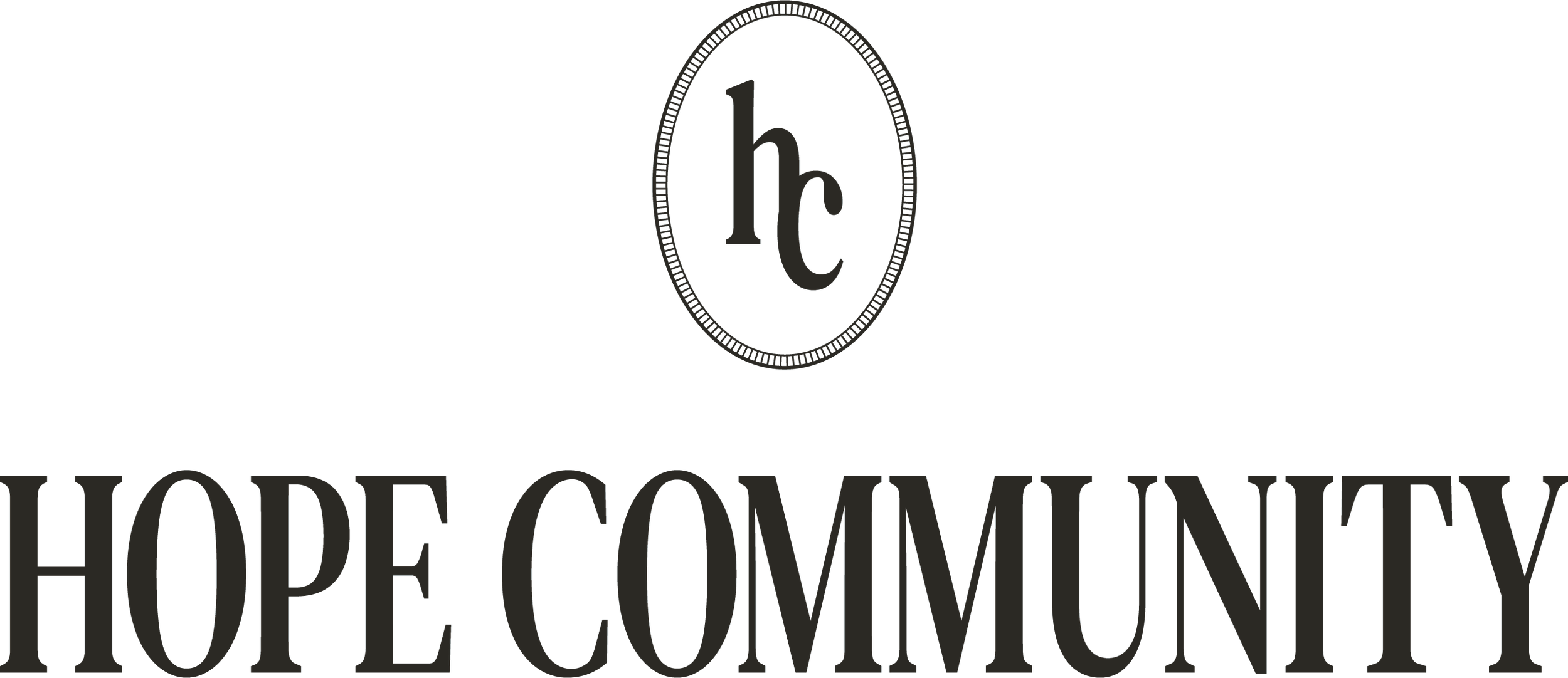 Hope Community logo with a black emblem featuring a lowercase 'h' and 'c' inside an oval, and the text 'HOPE COMMUNITY' in bold black letters below.