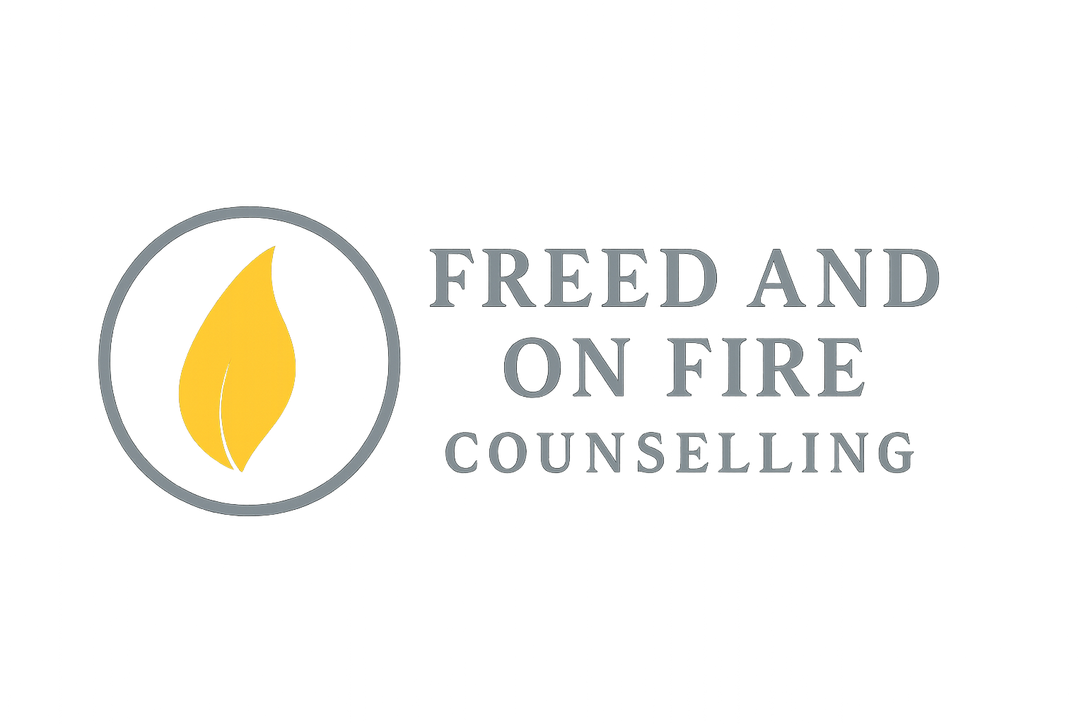 Logo for Freed and on Fire Counselling featuring a yellow flame icon and the text 'FREED AND ON FIRE COUNSELLING' on a gray background.