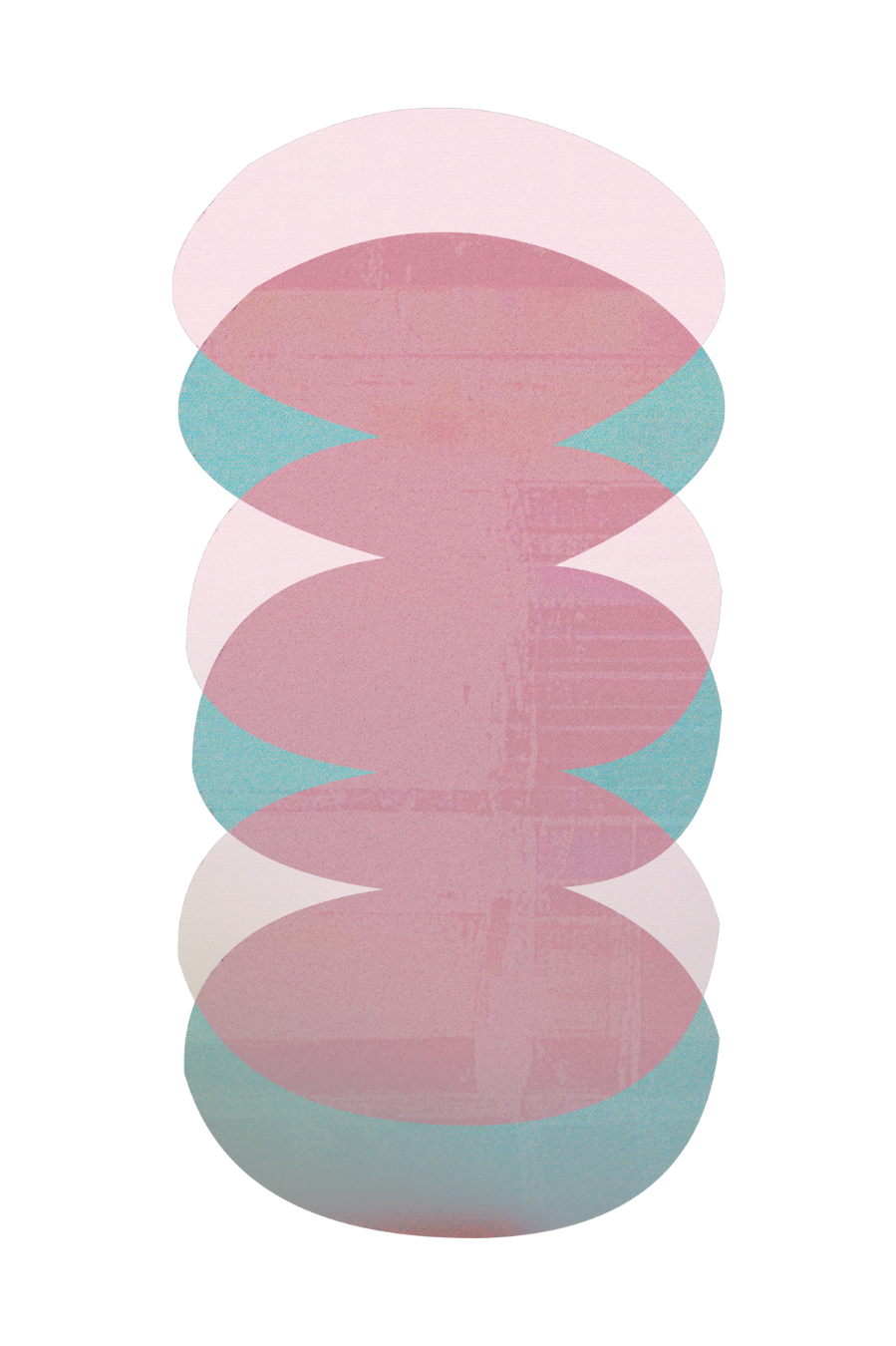An abstract, symmetrical design consisting of layered, overlapping ellipses in pastel pink, teal, and beige colors, arranged vertically.