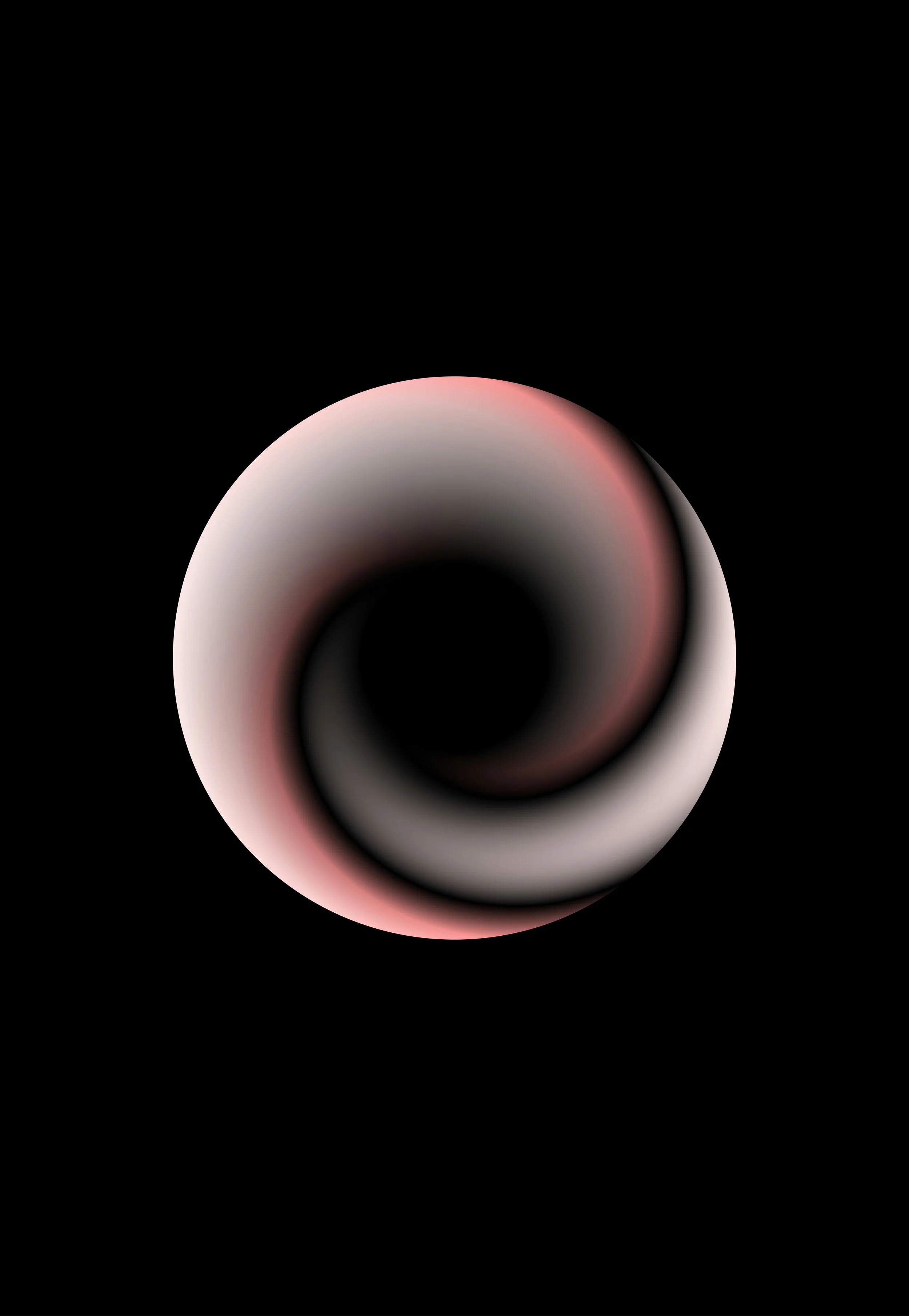 A black background with a spherical, abstract object in the center that has a gradient of white, pink, and black colors creating a spiral or vortex effect.