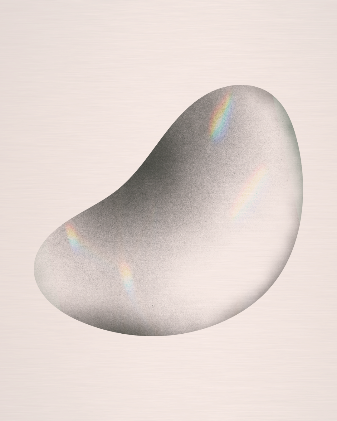 A digitally created image of a dark, rounded pebble with rainbow-like light reflections on its surface, set against a textured bronze background.