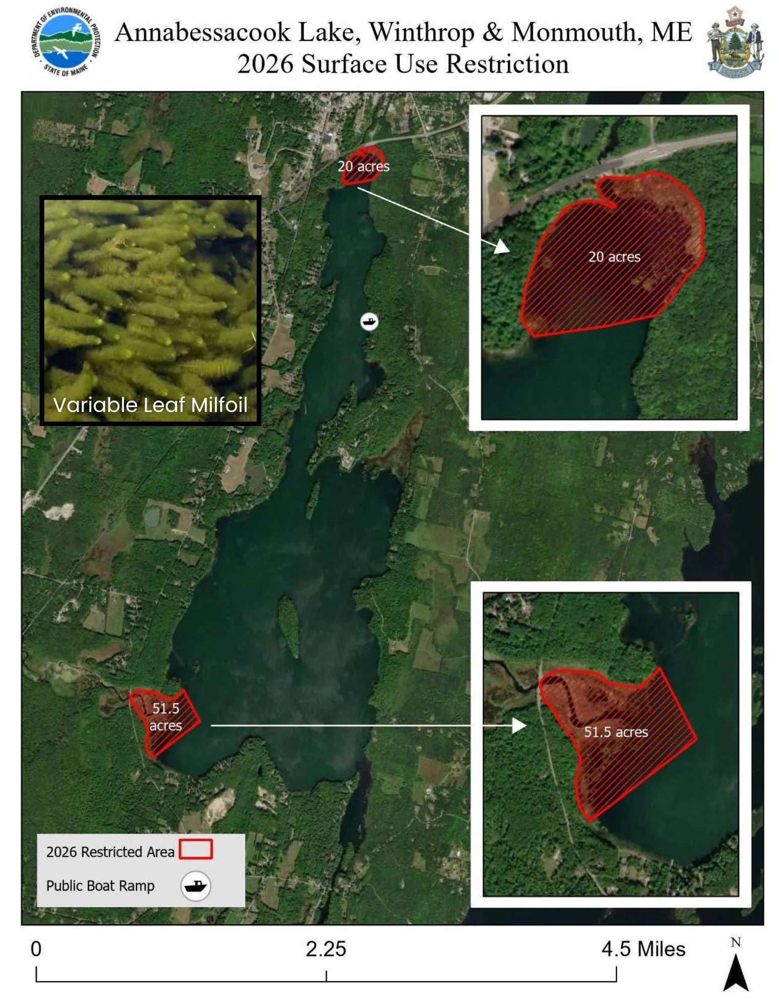 Update on the Cobbossee Watershed's current Surface Use Restrictions (SUR):

Both SURs on Annabessacook Lake (Waugan Rd and North End) have been signed and renewed for 2026 by the Commissioners of the Maine Inland Fisheries and Wildlife and the Maine