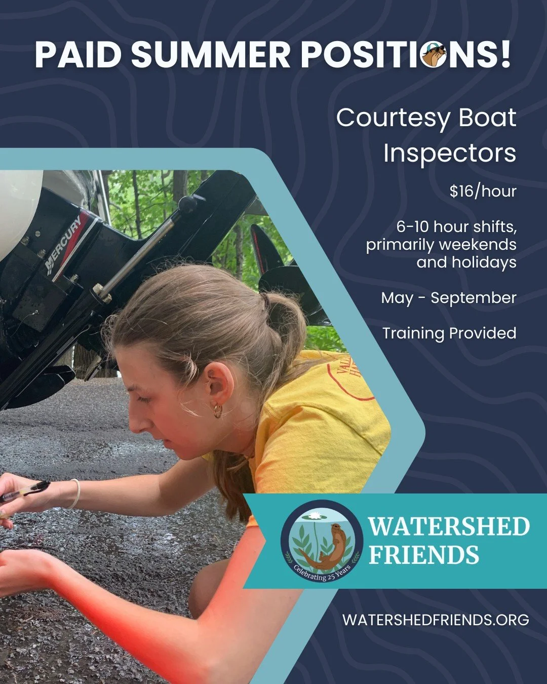Are you looking for a fun summer job spent outside? Do you want to help protect Maine's lakes, ponds, and streams? Our Courtesy Boat Inspector program might be the job for you! Contact caroline@watershedfriends.org to learn more and apply, or visit o
