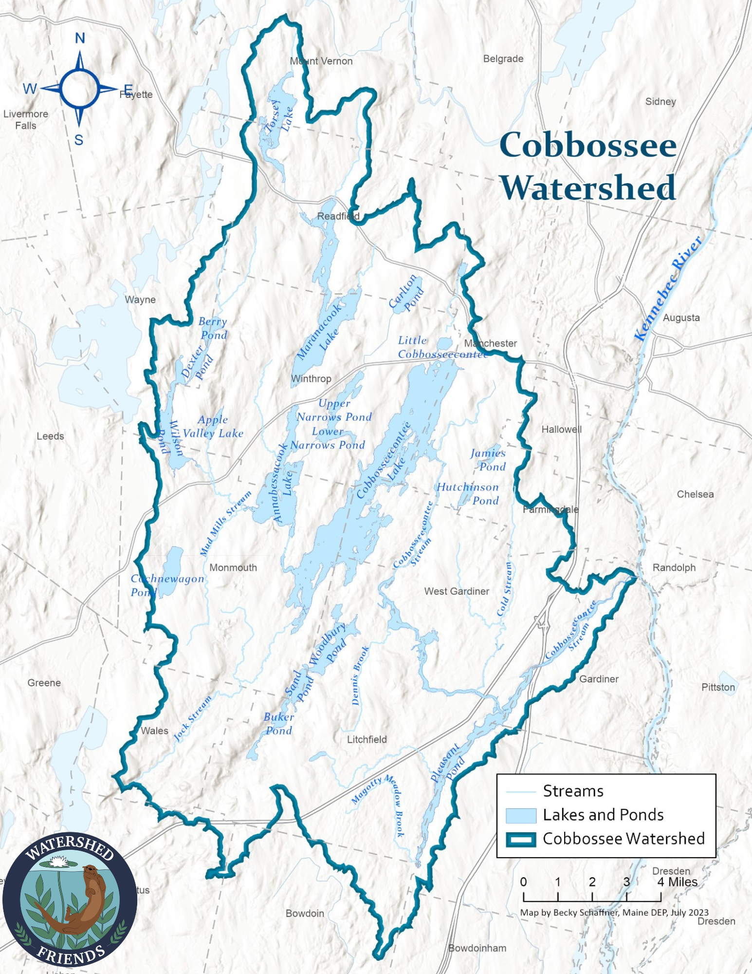 Map of the watershed, extending from Mount Vernon to Bowdoin, with watershed boundaries outlined