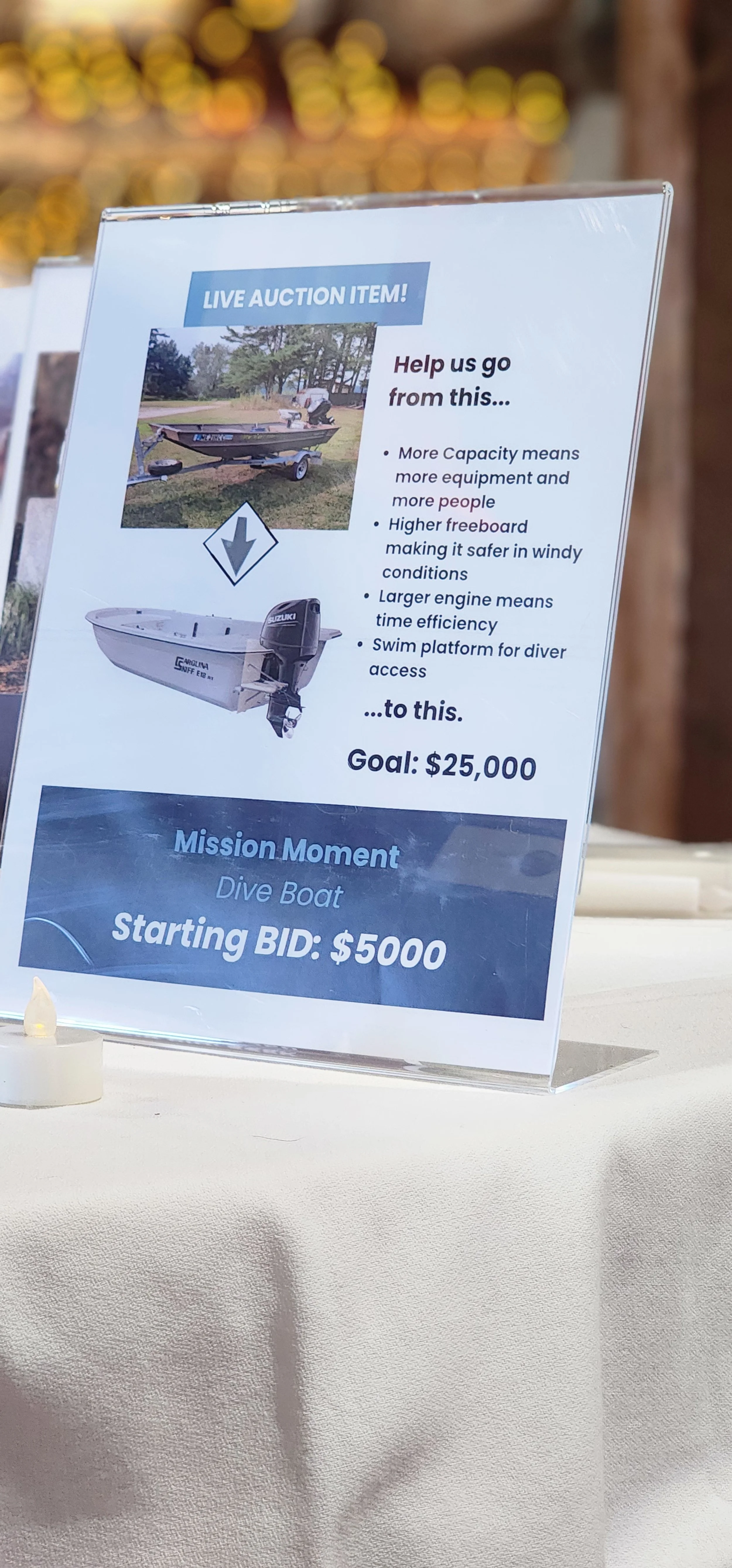 Live auction item for a mission moment, asking people to donate towards a new work boat